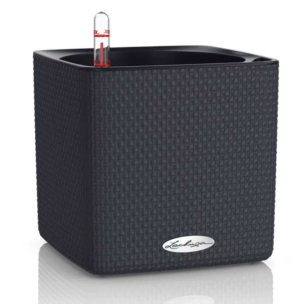 Ghiveci Auto-Irigant Lechuza Cube Color 16, efect de ratan negru, pentru plante cu ghiveci, sistem de autoirigare, insert detasabil, strat de drenaj
