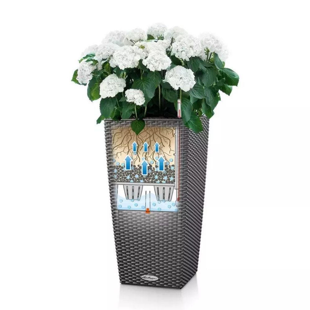 Ghiveci Auto-Irigant Lechuza Cubico Cottage 30, efect de ratan gri, pentru plante cu ghiveci, sistem de autoirigare, insert detasabil, strat de drenaj
