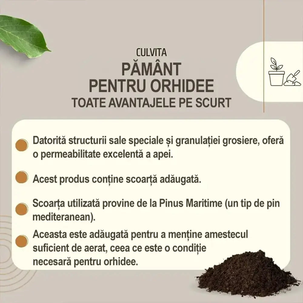 Culvita Pamant pentru Orhidee 5 l, Sol optim orhidee, drenaj excelent, crestere sanatoasa, prevenire putrezire radacini