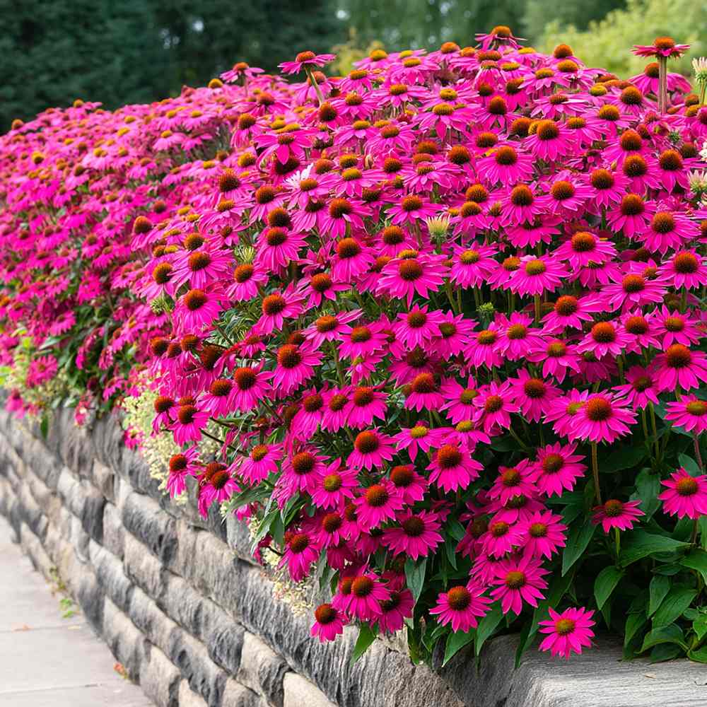 Echinacea purpurea PowWow Wild Berry, cu flori duble roz intens, planta perena rezistenta la ger, pentru soare