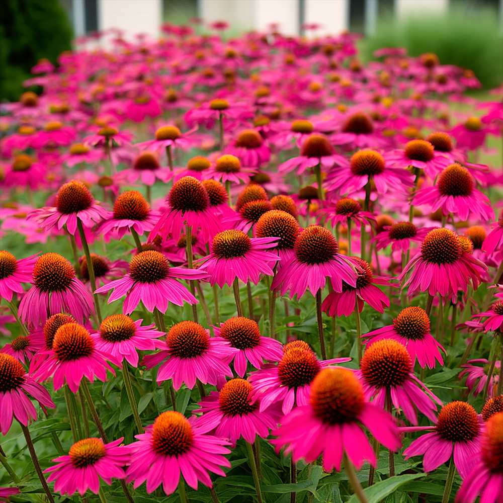 Echinacea purpurea PowWow Wild Berry, cu flori duble roz intens, planta perena rezistenta la ger, pentru soare