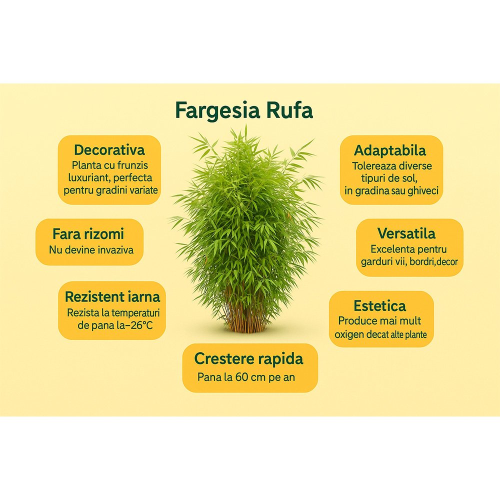 Bambus de gradina (Fargesia Rufa) Robusta Wolong, neinvaziv, rezistent la frig, gard viu dens, simbol de protectie si integritate