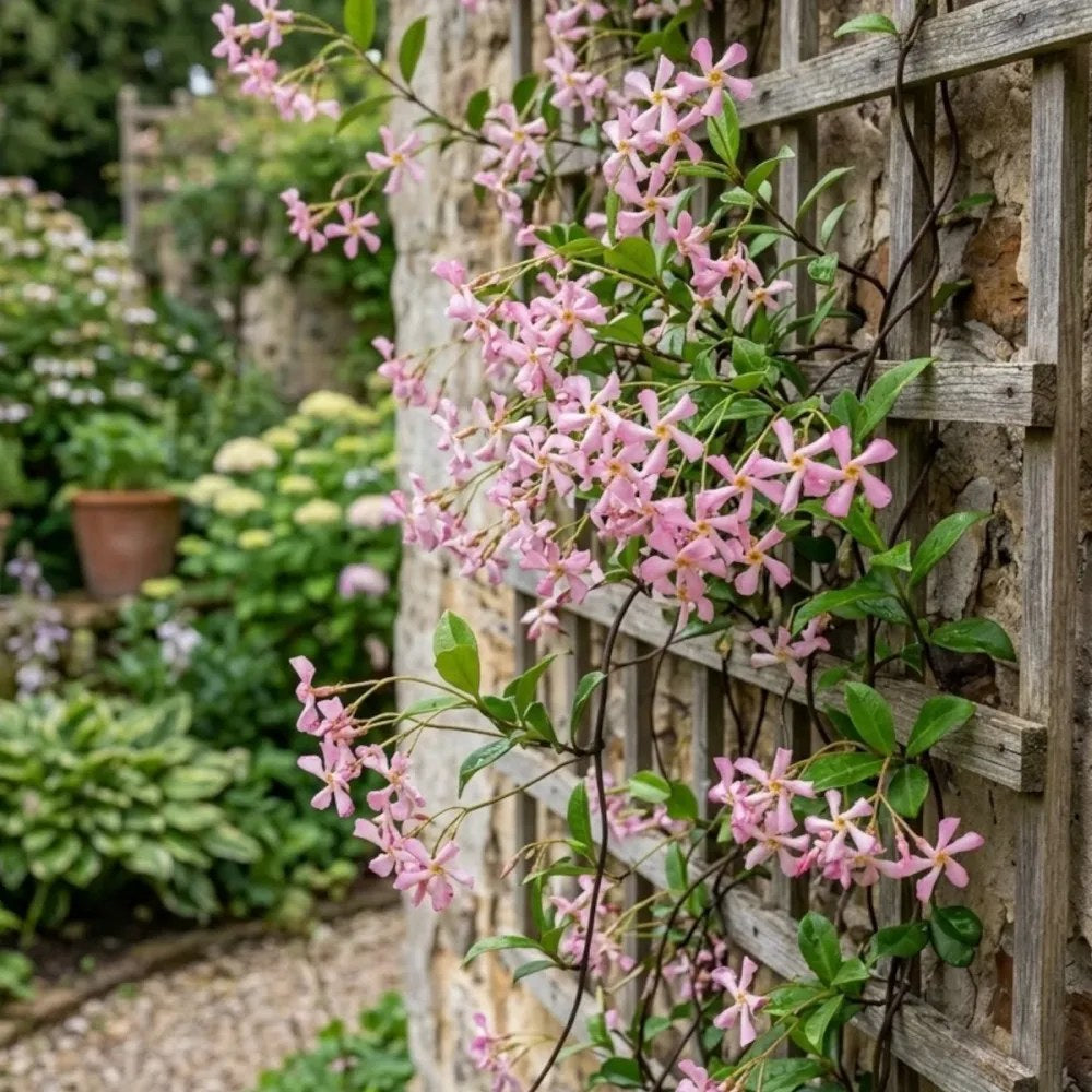 Iasomie Stelata Pink Air, planta cataratoare parfumata cu flori roz, vesnic verde, crestere rapida, rezistenta la frig