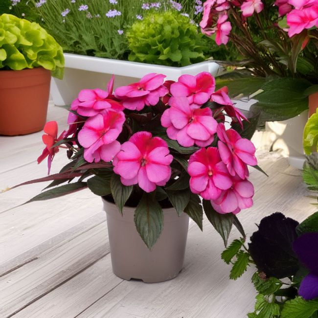 Sporul casei New Guinea Tamarinda Pink, flori roz spectaculoase pentru balcon si gradina