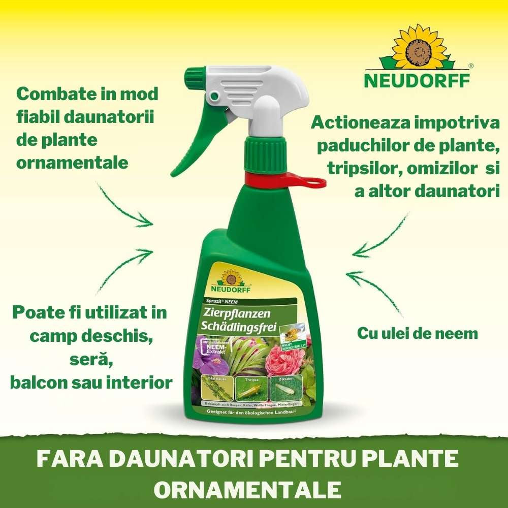 Insecticid Natural Universal Spray Neudorff Neem 450ml, pentru plante ornamentale, impotriva afidelor, tripsilor si omizilor, sigur pentru albine