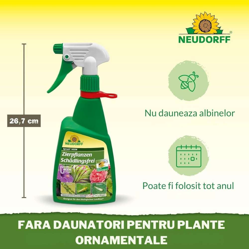 Insecticid Natural Universal Spray Neudorff Neem 450ml, pentru plante ornamentale, impotriva afidelor, tripsilor si omizilor, sigur pentru albine