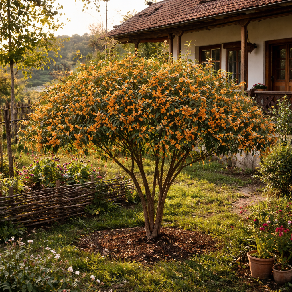 Ilex fals Osmanthus fragrans Rubra Aurantiacus, arbust vesnic verde cu flori portocalii extrem de parfumate, pentru gradini elegante