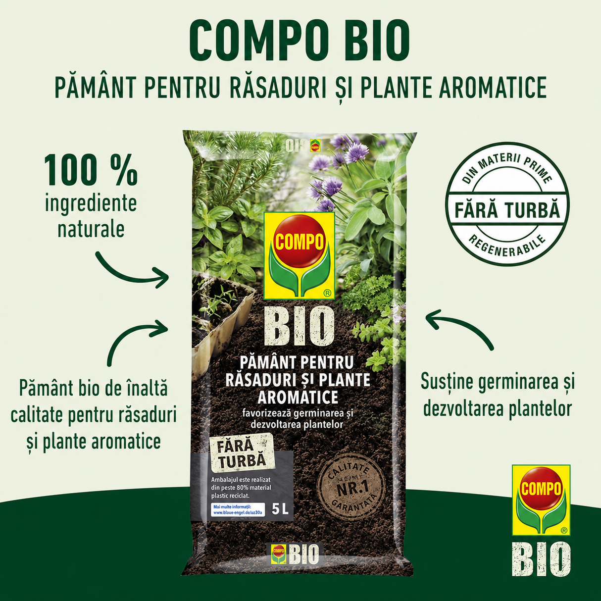 Pamant COMPO BIO organic pentru semanat si plante aromatice, fara turba, substrat pentru rasaduri si butasi, 5l