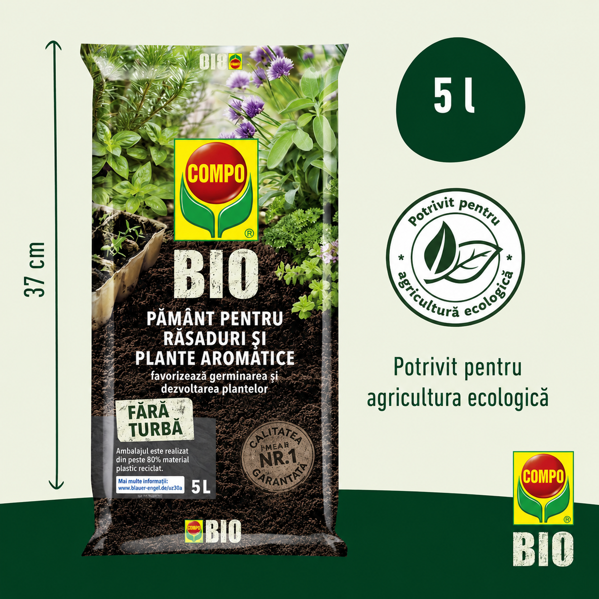 Pamant COMPO BIO organic pentru semanat si plante aromatice, fara turba, substrat pentru rasaduri si butasi, 5l