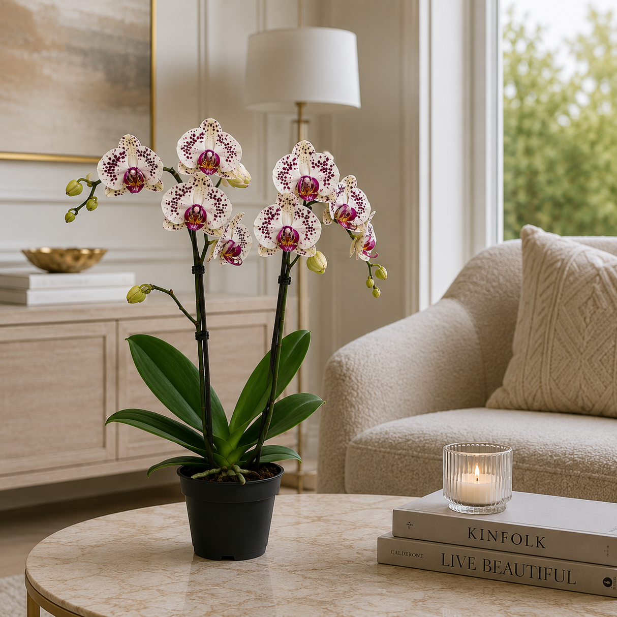 Orhidee (Phalaenopsis) Elegant Cascade White Leopard, planta de interior cu flori albe patate, inflorire de lunga durata