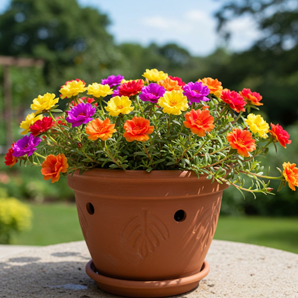 Floarea de piatra (Portucala Grandiflora), mix 4 culori in ghiveci, flori rosii, galbene, roz si portocalii, planta decorativa de vara