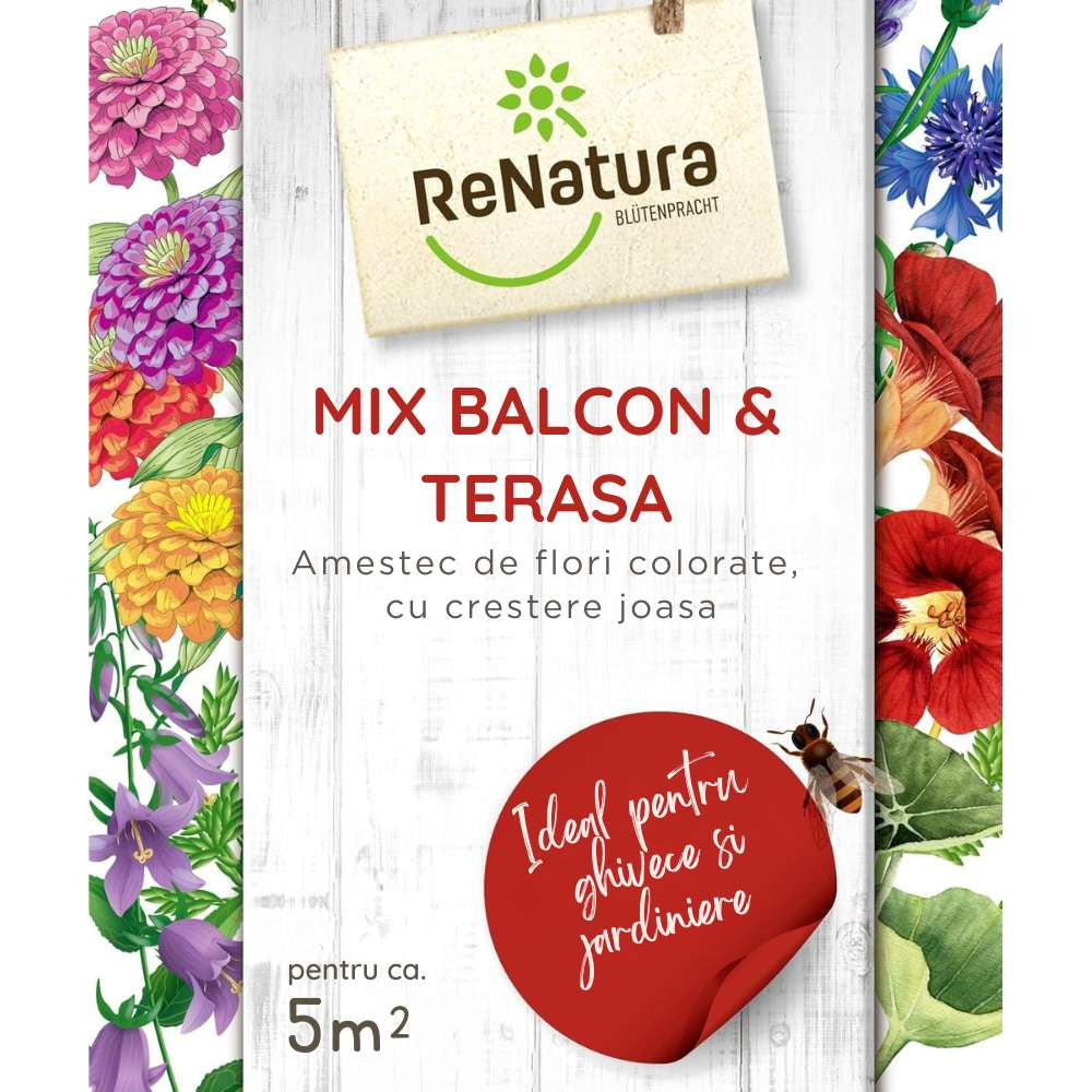 Seminte mix flori pentru balcon si terasa GREENFIELD RENATURA, pentru ghivece si jardiniere, acoperire, 285 g, 5 m²