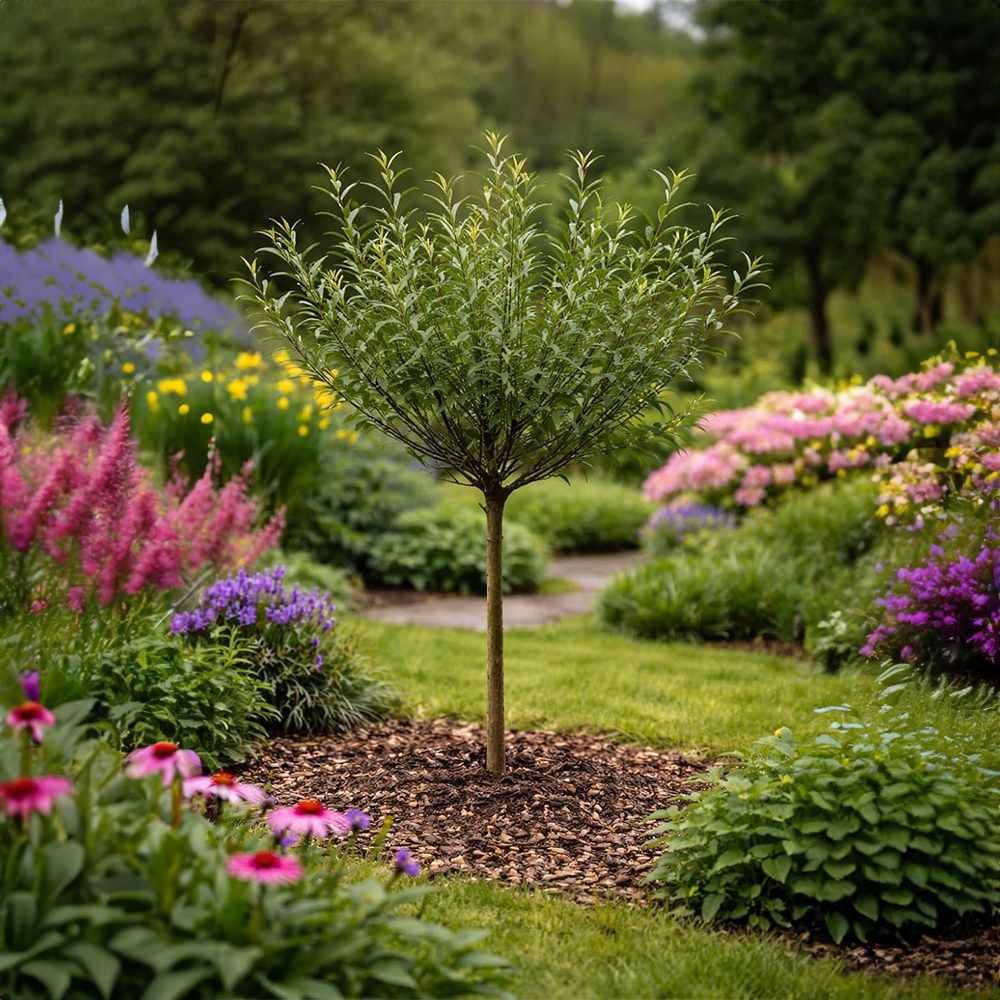 Salcie Pitica Copacel Japoneza Mount Aso, cu matisori roz-somon, arbust ornamental compact, rezistent la ger