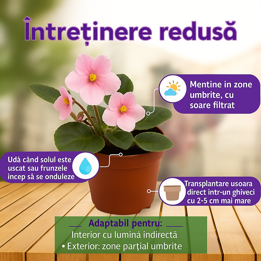 Violeta de Parma, Saintpaulia More Lips, cu flori roz-pal, plante inflorita, de interior, intretinere minima