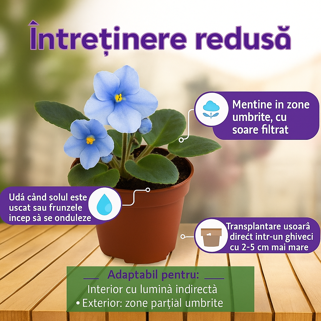 Violeta de Parma, Saintpaulia More Lips, cu flori albastre, plante inflorita, de interior, intretinere minima