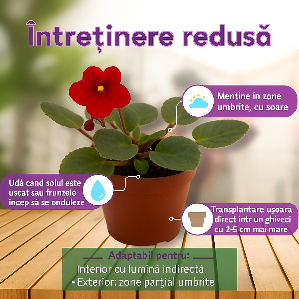 Violeta de Parma, Saintpaulia More Lips, cu flori fuchsia, plante inflorita, de interior, intretinere minima