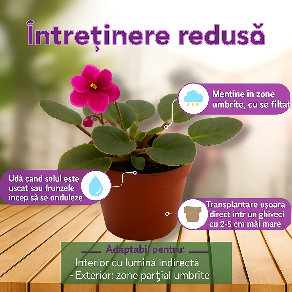 Violeta de Parma, Saintpaulia More Lips, cu flori roz-inchis, plante inflorita, de interior, intretinere minima