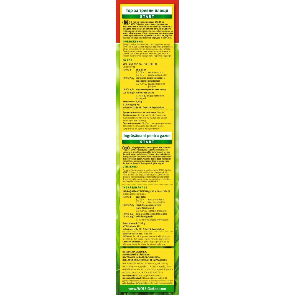 Ingrasamant gazon Starter Wolf Garten, 2.5 kg pentru 100 mp, creste rapiditatea incoltirii