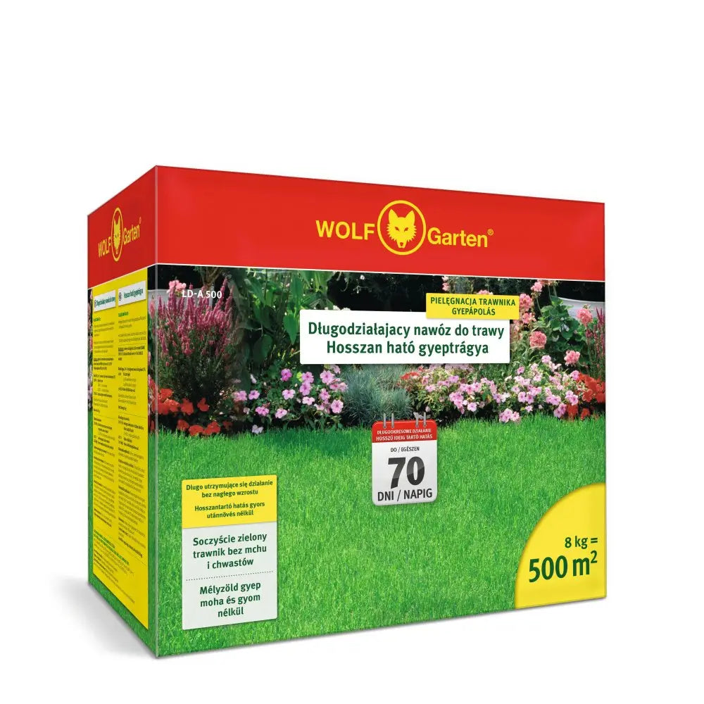 Ingrasamant gazon cu eliberare lenta Wolf Garten, 8 kg pentru 500 mp, efect de lunga durata pana la 120 zile, crestere uniforma fara socuri, gazon dens si sanatos