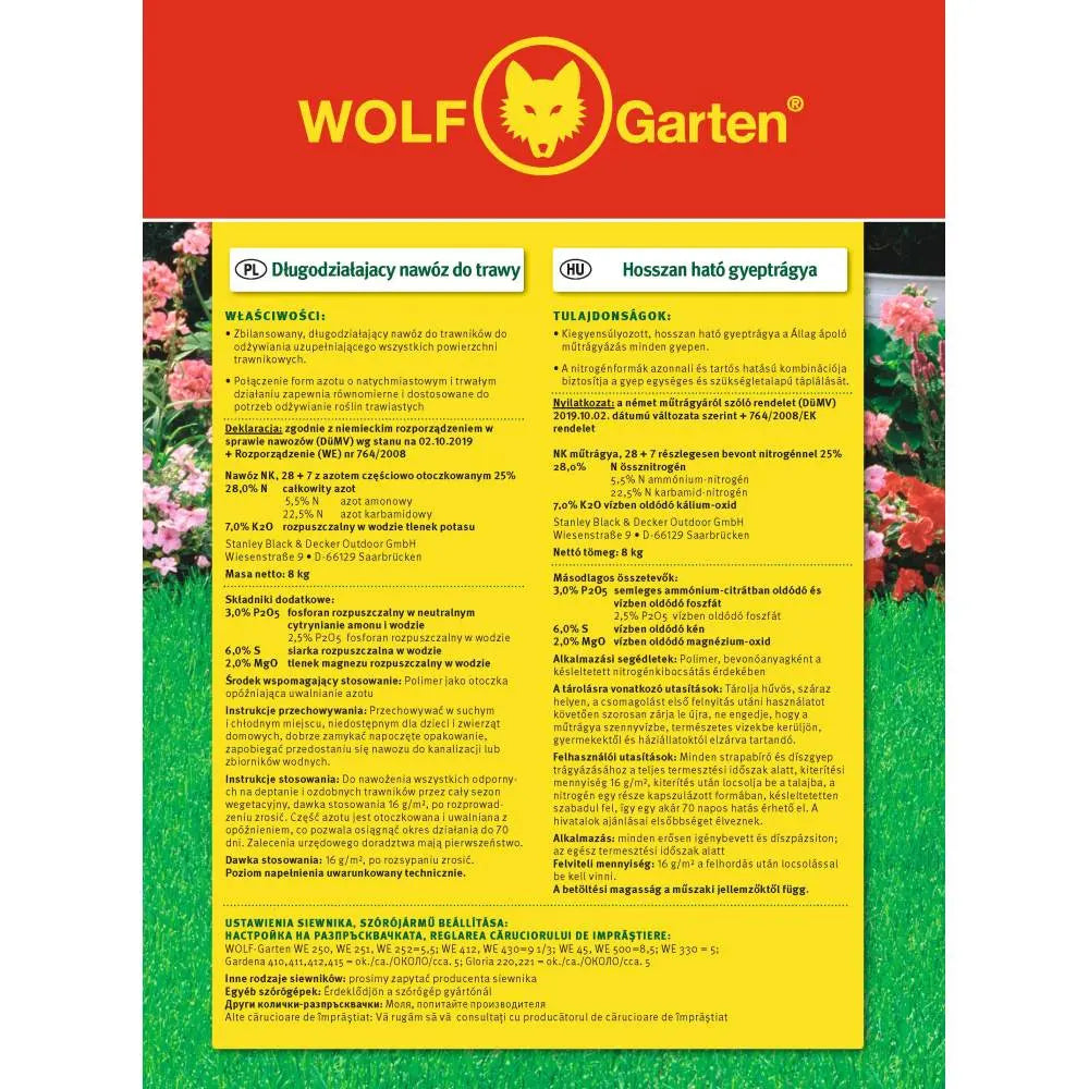 Ingrasamant gazon cu eliberare lenta Wolf Garten, 8 kg pentru 500 mp, efect de lunga durata pana la 120 zile, crestere uniforma fara socuri, gazon dens si sanatos