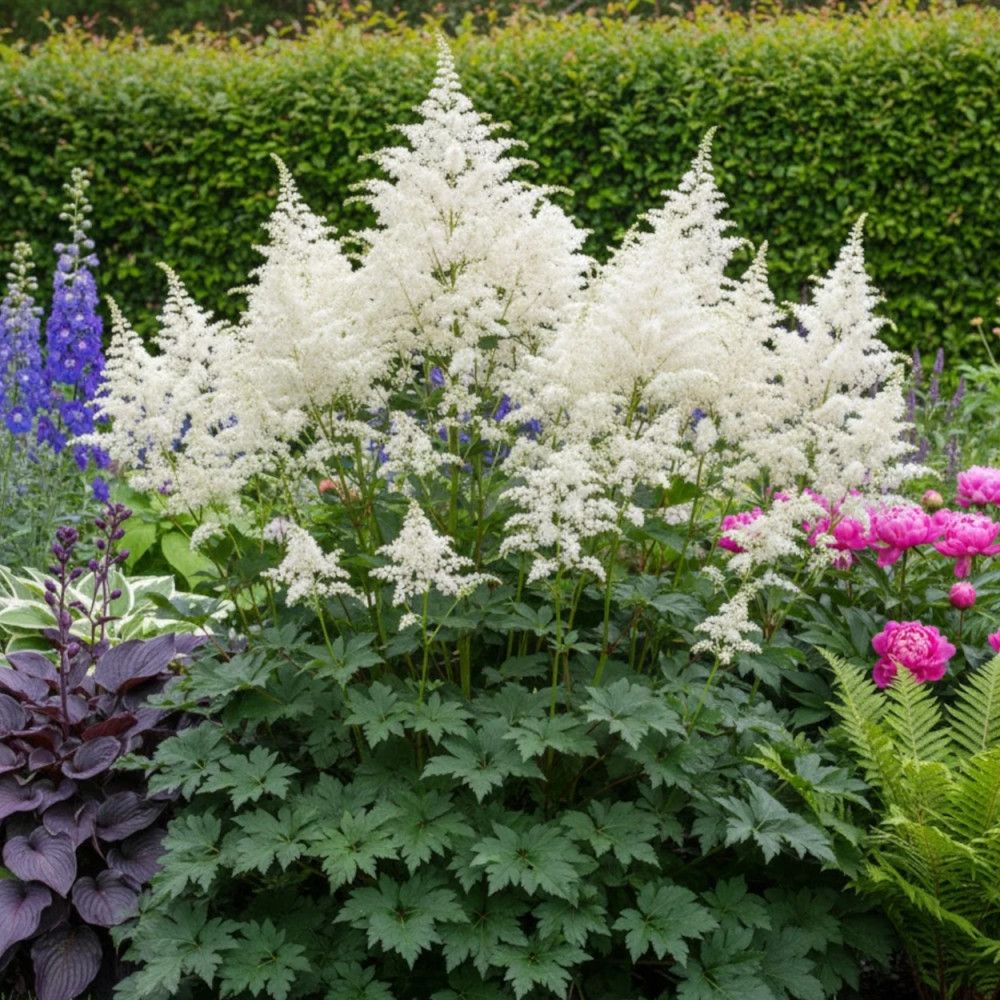 Astilbe Gladstone, flori albe elegante, planta de umbra, perena decorativa gradina