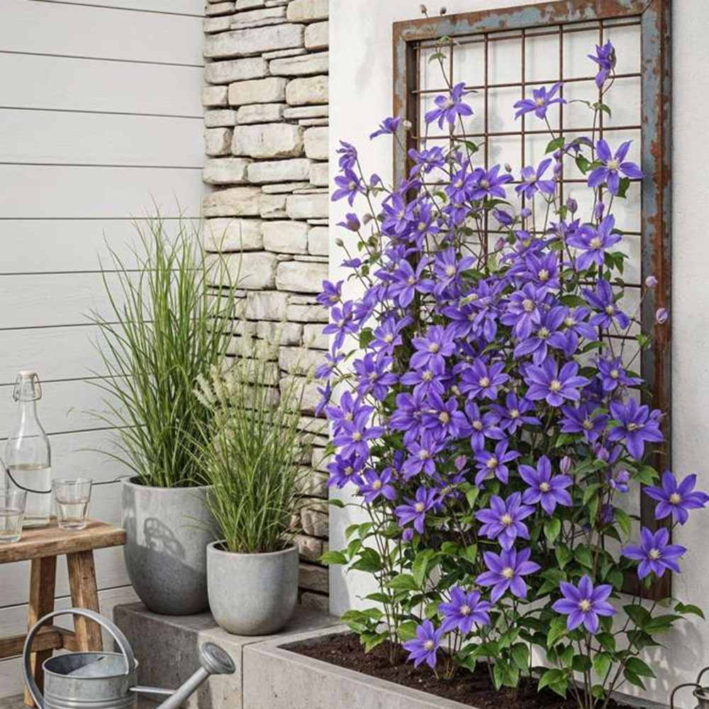 Clematis (Clematita) Clematis Lindsay Big and Easy Blue, planta cataratoare cu flori spectaculoase albastre, inflorire abundenta primavara-vara