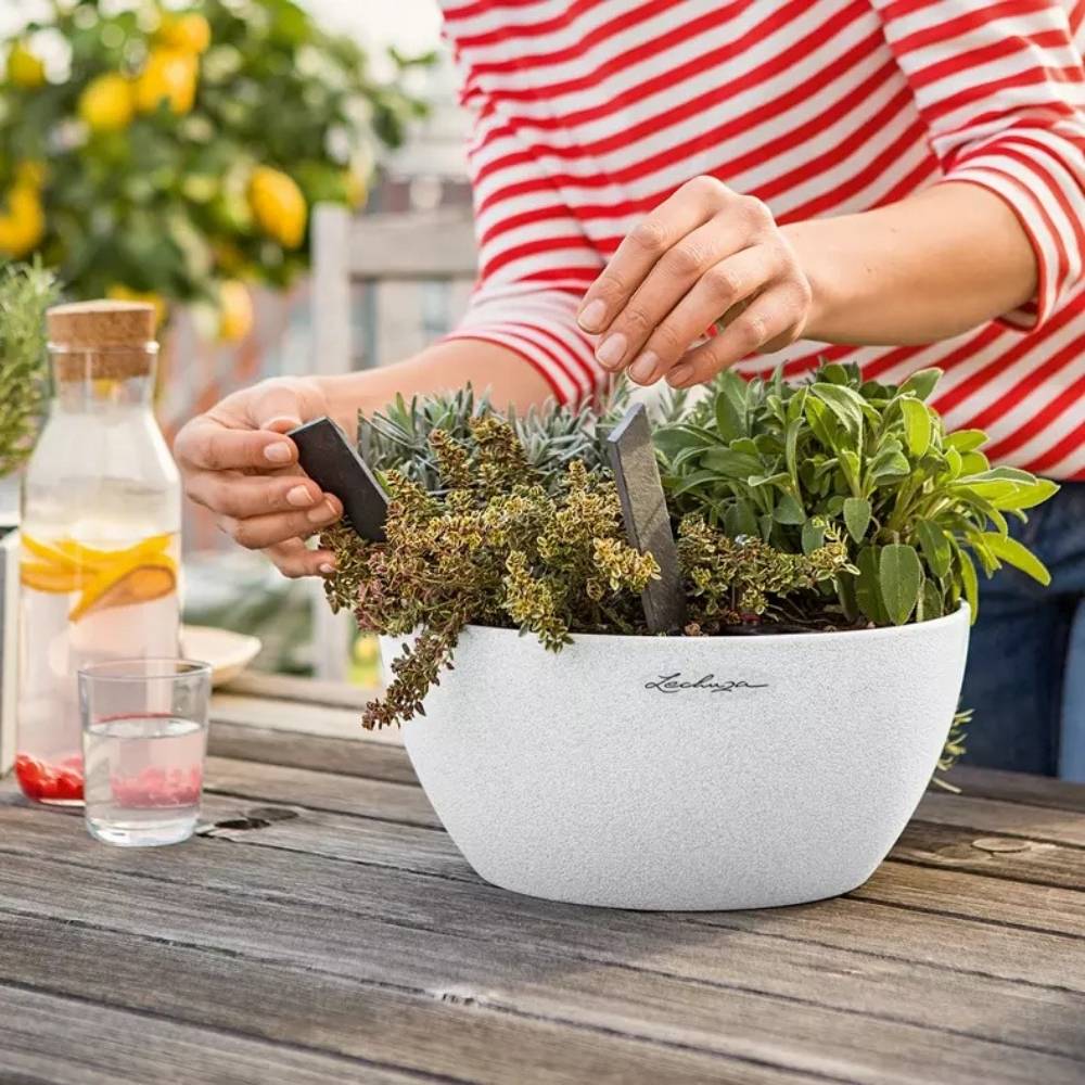 Ghiveci Auto-Irigant Lechuza Cubeto Stone 30 4,5 l, efect piatra alba, sistem de autoirigare, insert detasabil, strat de drenaj