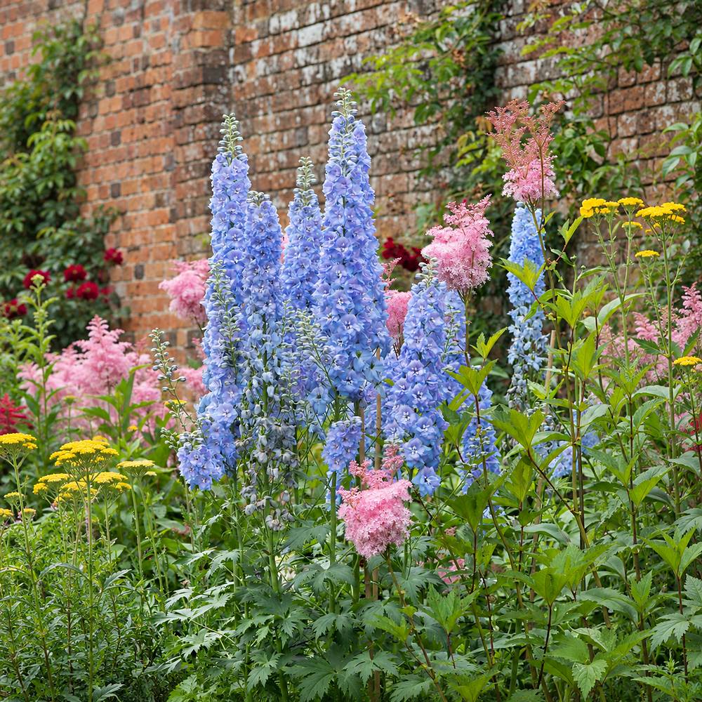 Nemtisor (Delphinium) Sky Blue White Bee, planta perena de gradina, cu flori bleu si centru alb