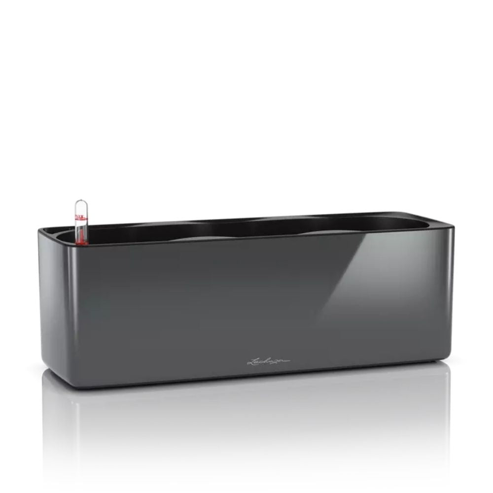 Ghiveci Auto-Irigant Lechuza Cube Glossy Triple, gri lucios, pentru plante cu ghiveci, sistem de autoirigare, insert detasabil, strat de drenaj