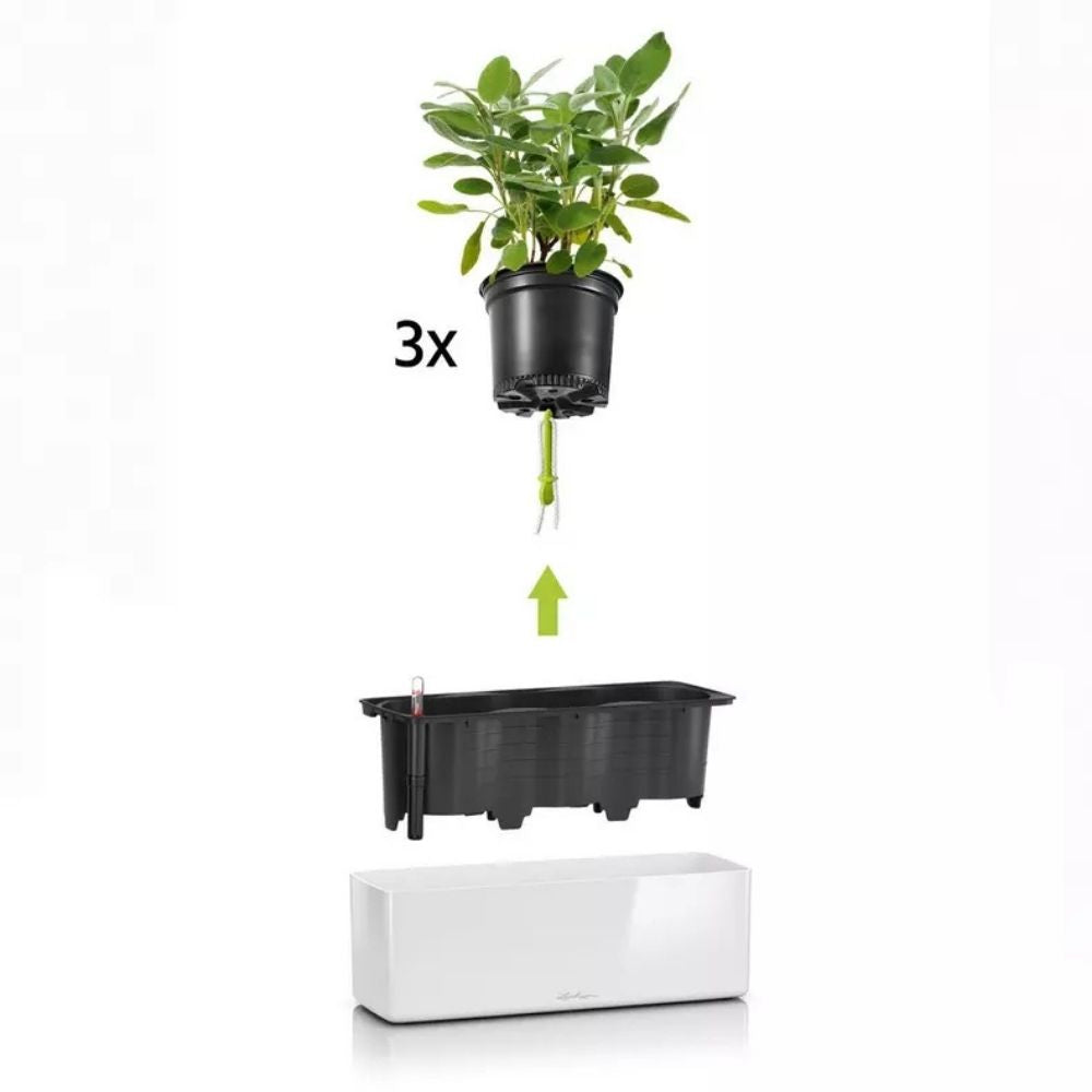 Ghiveci Auto-Irigant Lechuza Cube Glossy Triple, gri lucios, pentru plante cu ghiveci, sistem de autoirigare, insert detasabil, strat de drenaj