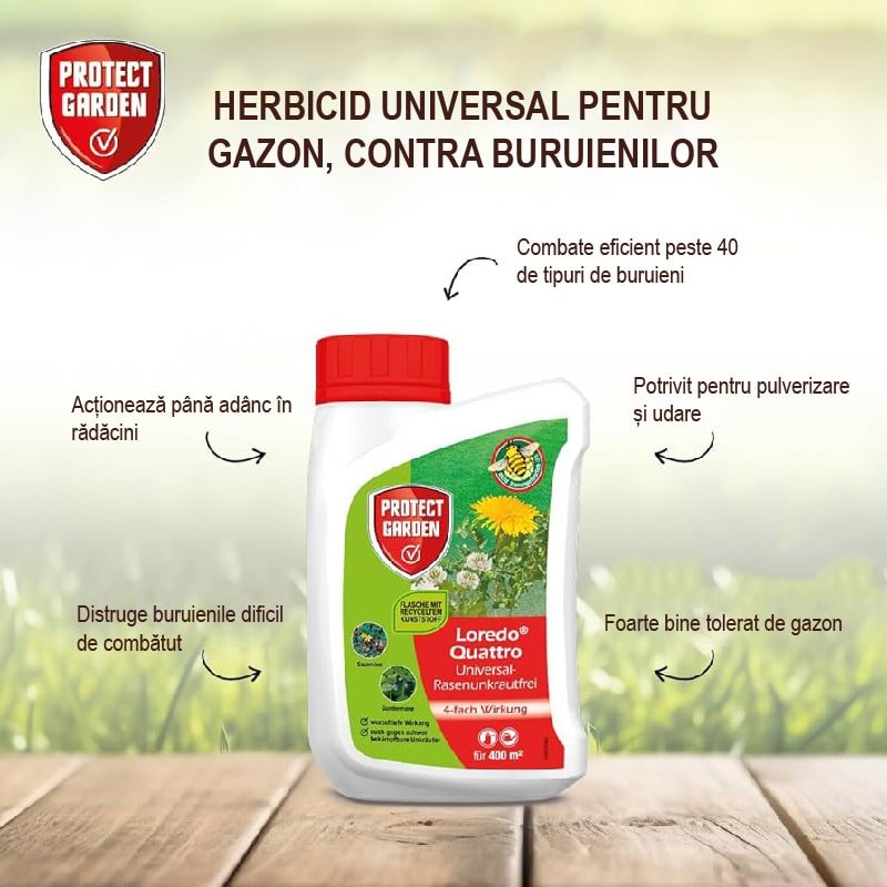 Erbicid Universal pentru Gazon, Contra Buruienilor Tenace cu Efect Quadruplu, 270 gr, PROTECT GARDEN