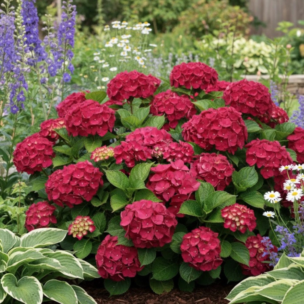Hortensie macrophylla Red Baron, flori rosu intens, inflorire abundenta, gradina umbra