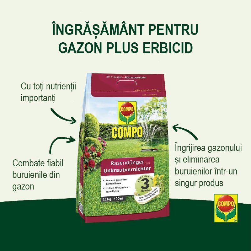 Ingrasamant Erbicid pentru Gazon, 3 kg, Ingrijirea Gazonului si Combaterea Buruienilor intr-un Singur Produs, Compo