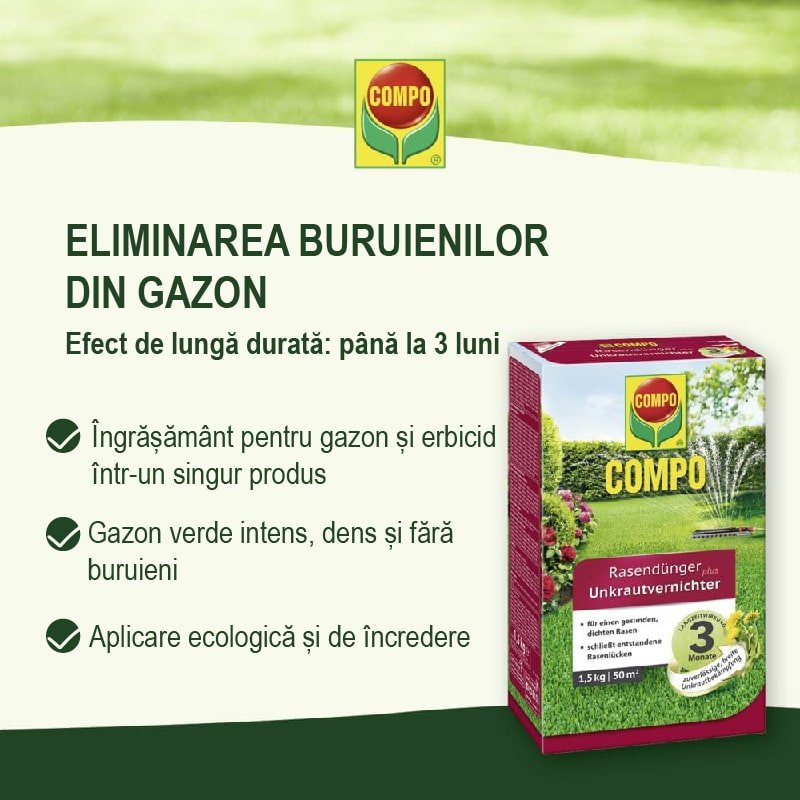 Ingrasamant Erbicid pentru Gazon, 3 kg, Ingrijirea Gazonului si Combaterea Buruienilor intr-un Singur Produs, Compo