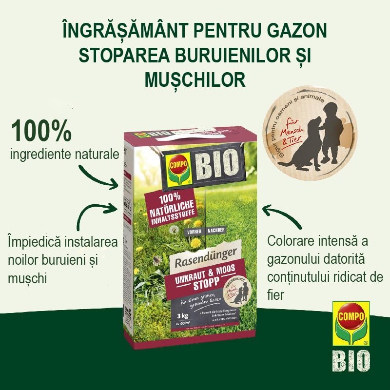 Ingrasamant Organic Granule Fine 3 kg pentru Gazon impotriva Buruienilor si a Muschiului, Ingrijire Completa, COMPO