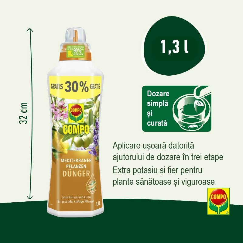 Ingrasamant Organic Lichid pentru Plante Mediteraneene, 500 ml, Special cu Extra Potasiu si Fier, Ingrediente 100% Naturale, COMPO