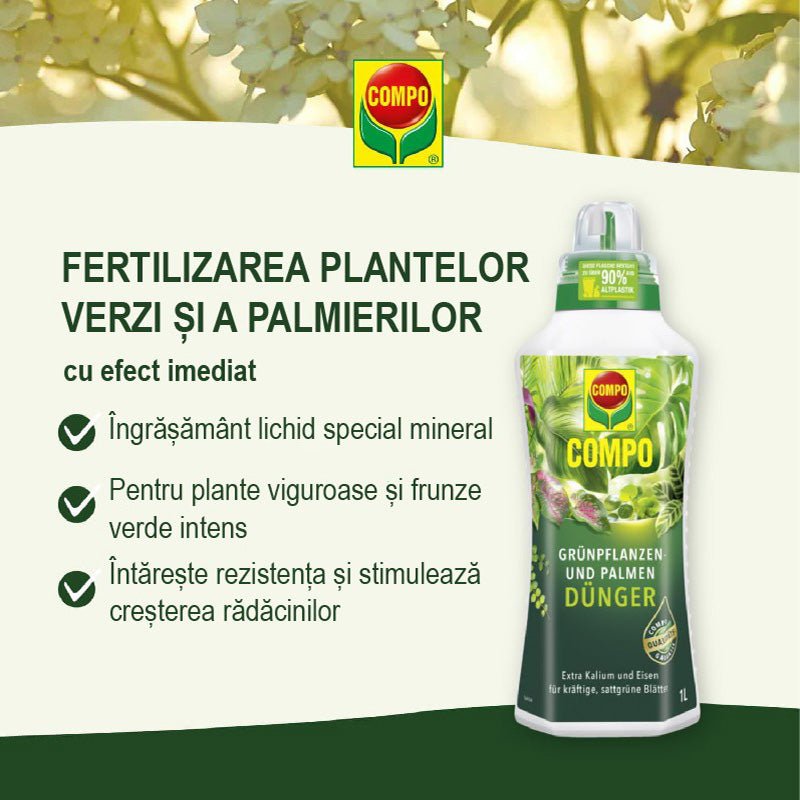 Ingrasamant Organic Lichid pentru Plante Verzi si Palmieri, 1 l, Ingrediente 100% Naturale, COMPO