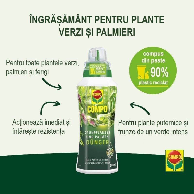 Ingrasamant Organic Lichid pentru Plante Verzi si Palmieri, 1 l, Ingrediente 100% Naturale, COMPO