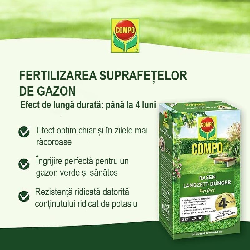 Ingrasamant Organic pentru Gazon, 6 kg pentru 240 m², Efect de Lunga Durata, COMPO
