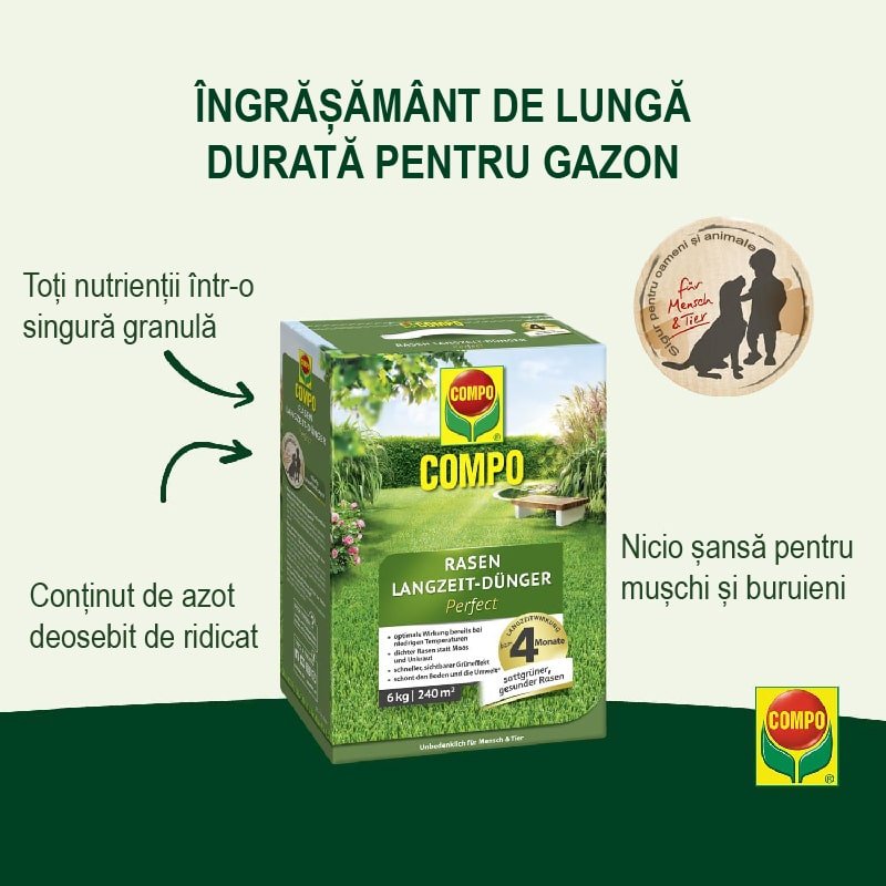 Ingrasamant Organic pentru Gazon, 6 kg pentru 240 m², Efect de Lunga Durata, COMPO