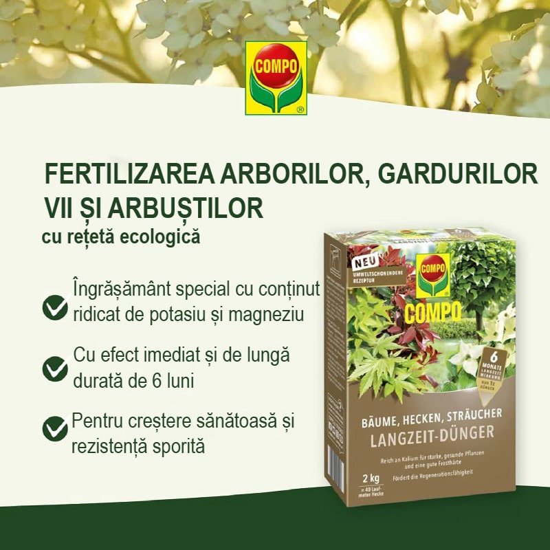 Ingrasamant pentru Arbori, Garduri Vii si Arbusti, 2 kg, 40 m², Efect de Lunga Durata 6 Luni, Formula Ecologica, COMPO