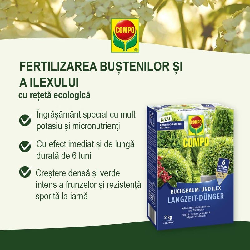Ingrasamant pentru Buxus si Ilex, pentru Garduri Vii si Arbusti, 850 g, 17 m², Efect de Lunga Durata, Formula Ecologica, COMPO