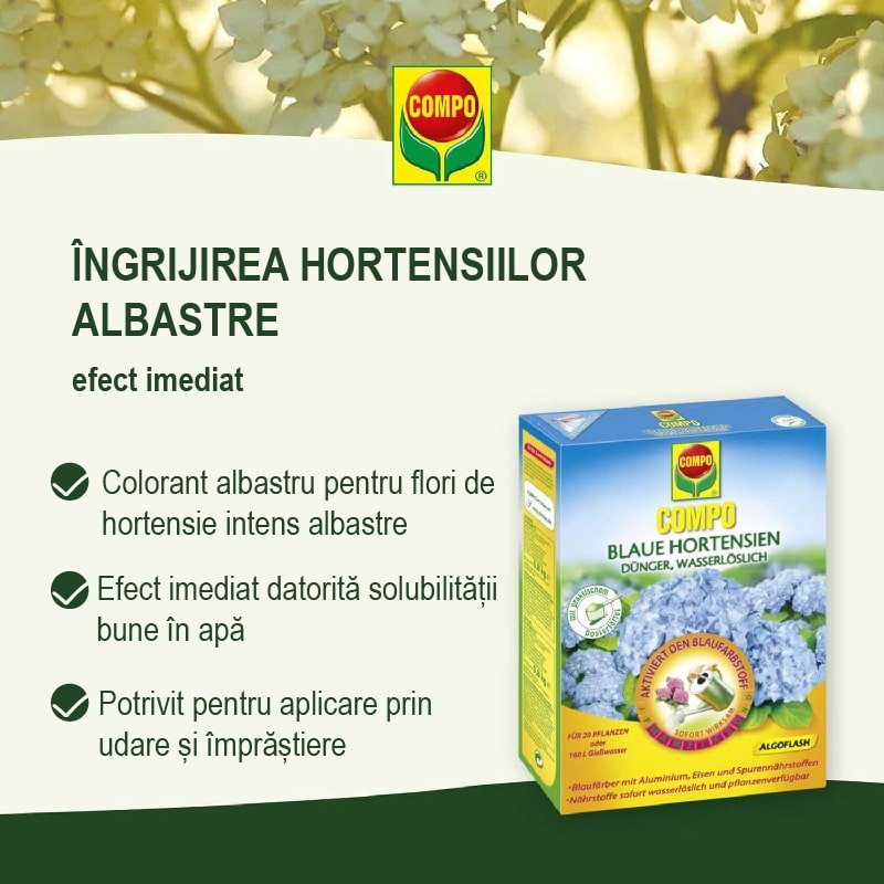 Ingrasamant Solubil pentru Hortensii Albastre, 800 g, Efect Imediat, cu Alumiu si Fier, COMPO