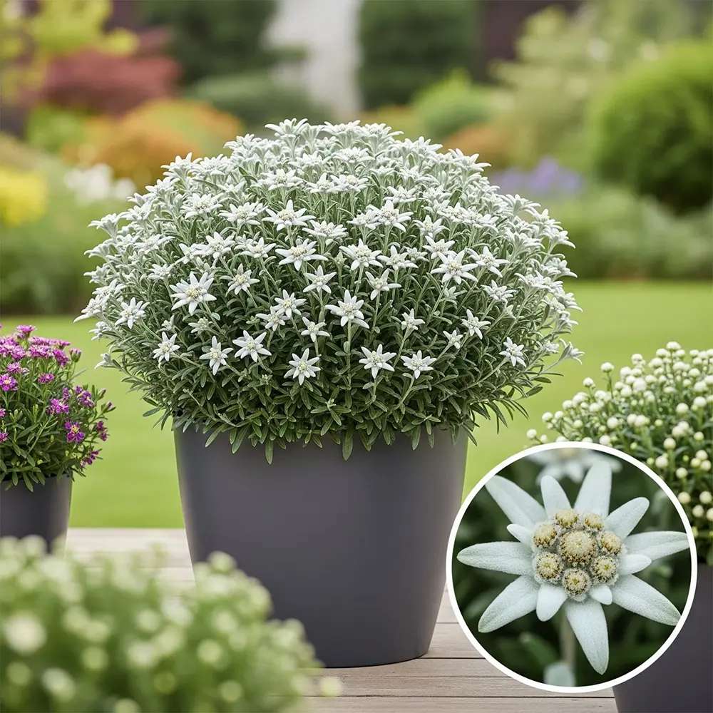 Floarea-de-colt (Leontopodium alpinum), cu flori albe, perena rezistenta decorativa pentru stanca