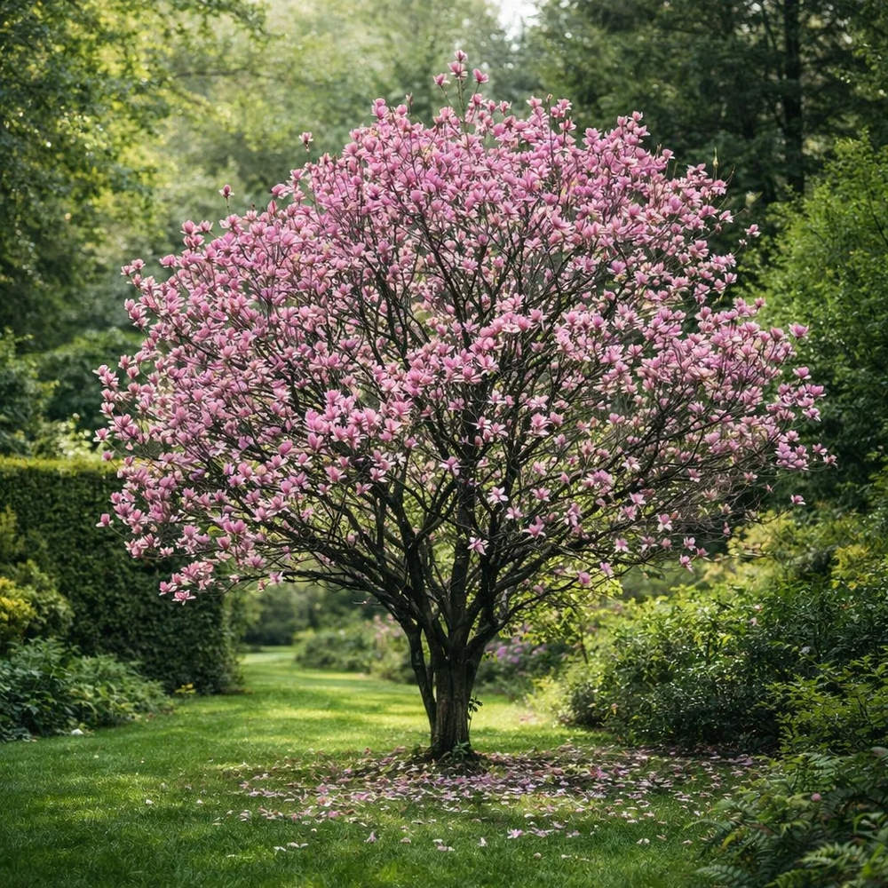 Magnolie Susan, tip copac, flori roz inchis parfumate, arbore ornamental rezistent