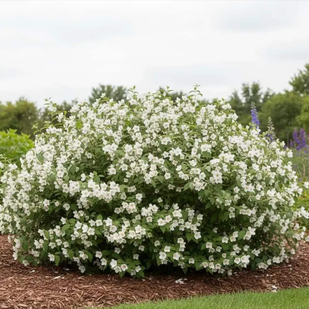 Lamaita Belle Etoile (Iasomie de gradina) Philadelphus, flori albe parfumata cu centru roz-purpuriu