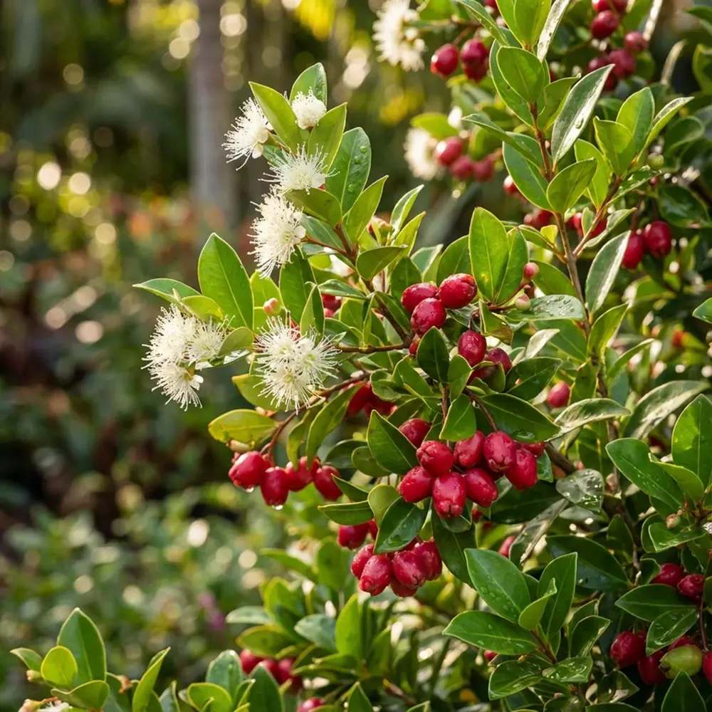 Fructul Red Lili Pili (Syzygium oleosum), in ghiveci, arbust vesnic verde cu frunze rosii decorative si fructe comestibile rosii dulce-acrisor
