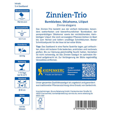Seminte de zinnia Bumblebee, Oklahoma si Liliput – trio decorativ, ajunge pentru 5 Metri Liniari
