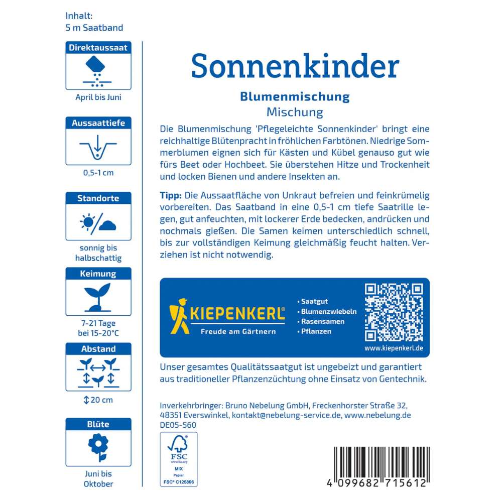 Seminte de flori Sonnenkinder – amestec usor de intretinut (banda), ajunge pentru 5 Metri Liniari
