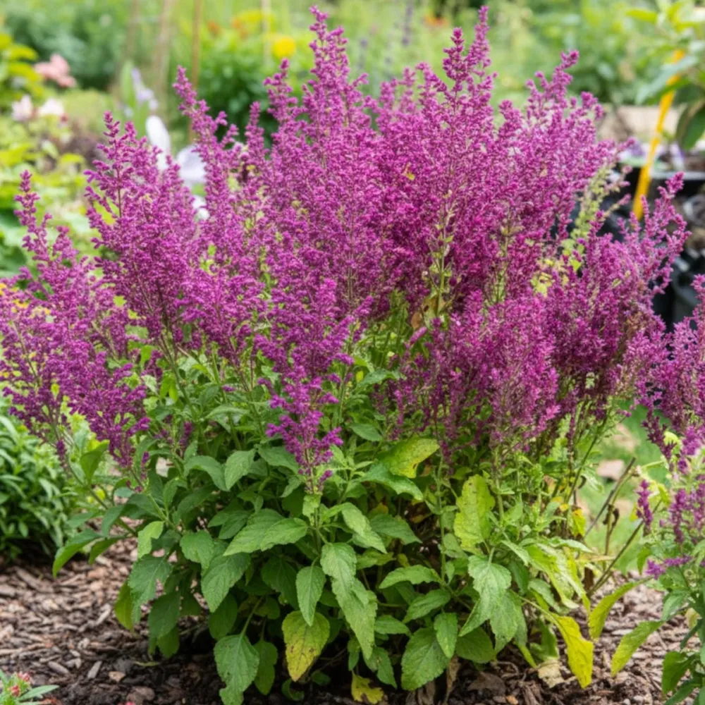 Salvia ornamentala Schwellenburg, perena cu flori violet, inflorire bogata, frunzis aromat